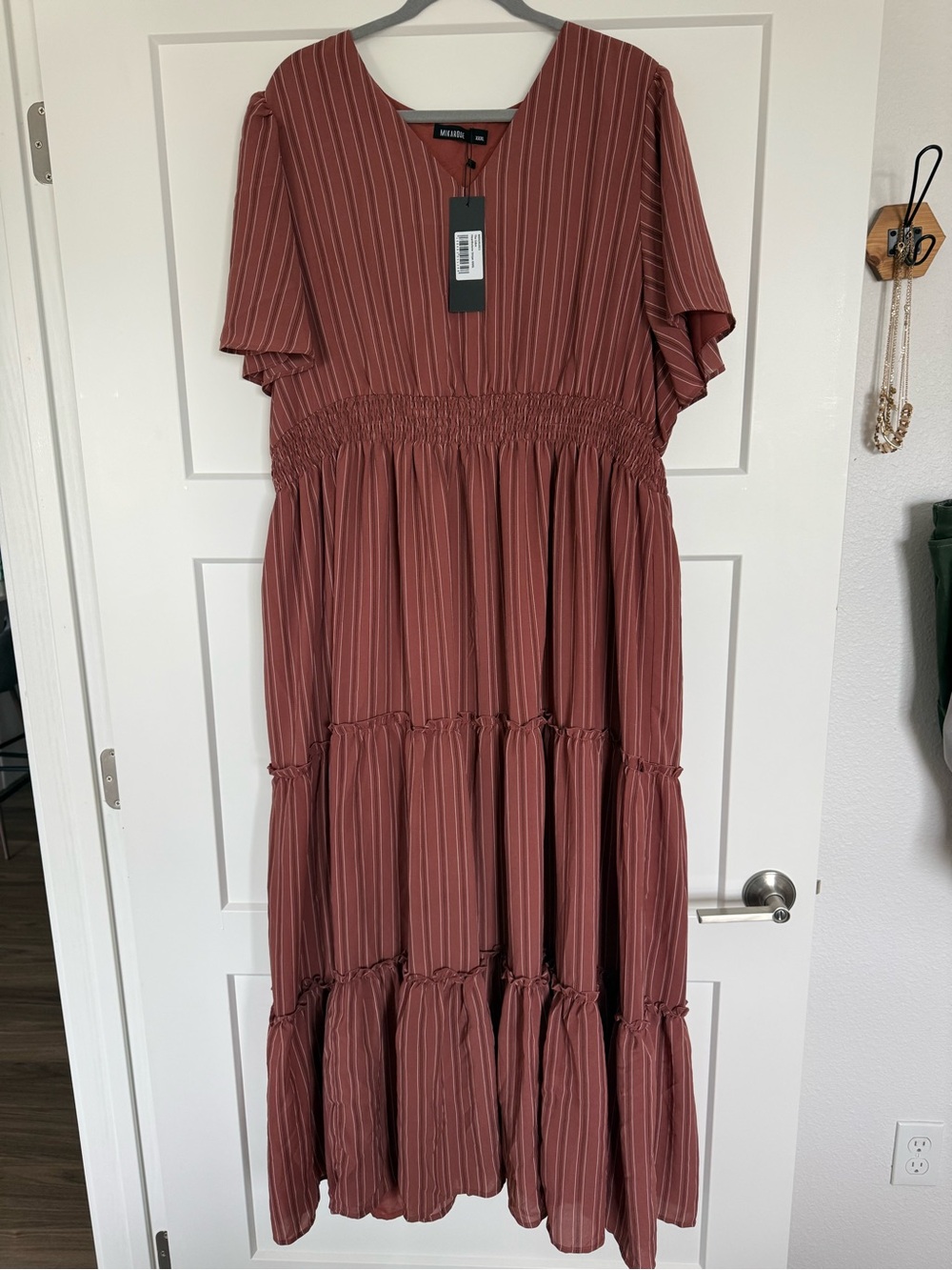 Mikarose Rust Striped Tiered Maxi Dress
